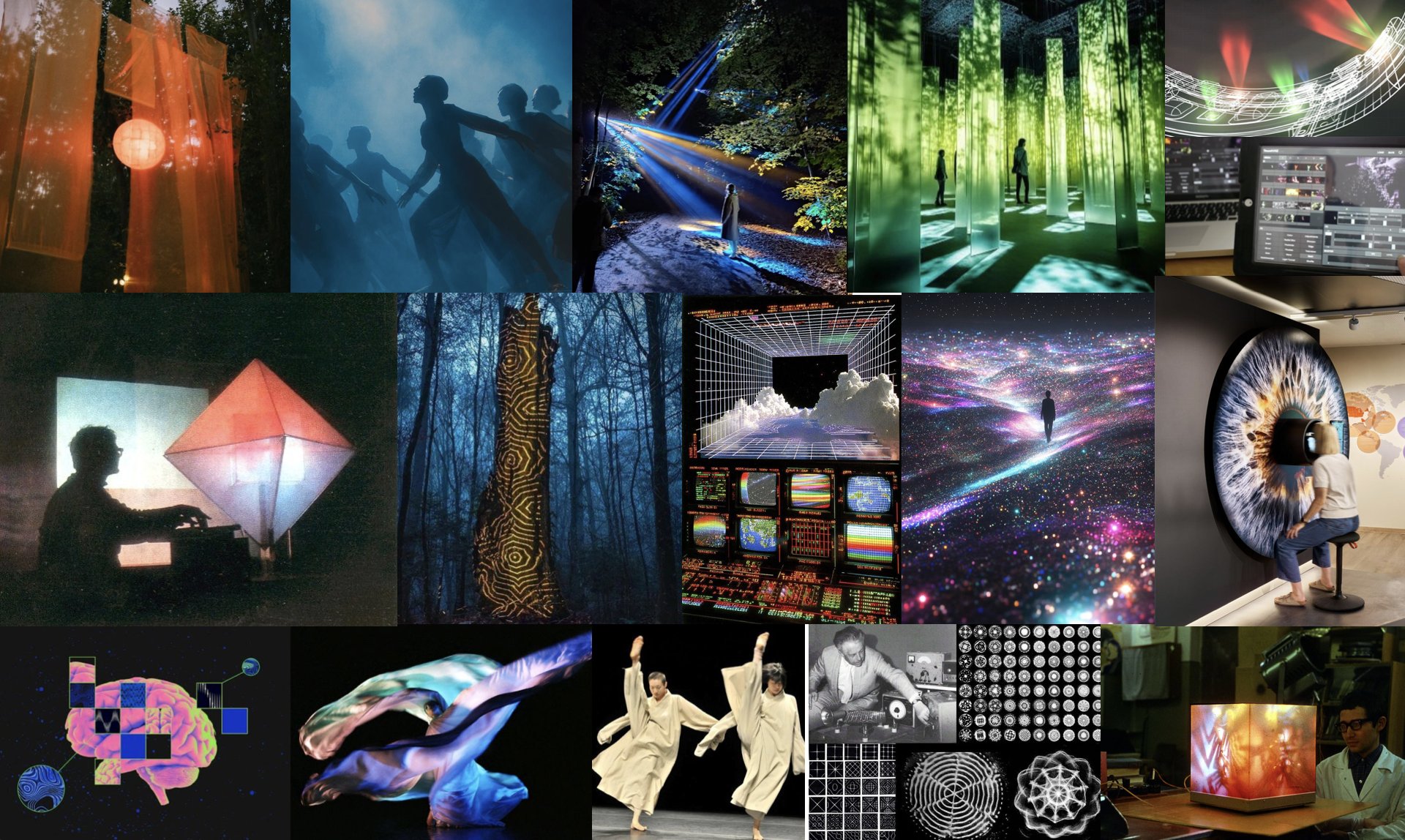 A collage of immersive light, projection, and movement installations